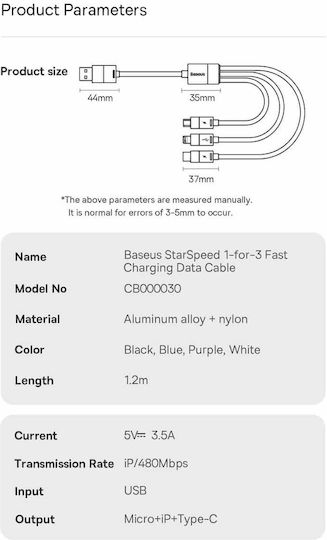 Baseus Starspeed Braided USB to Lightning / Type-C / micro USB Cable 3.5A Λευκό 1.2m CAXS000002