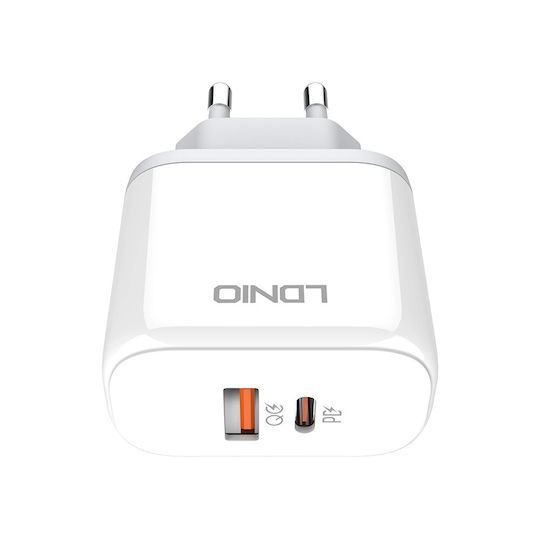 Ldnio Φορτιστής με Θύρα USB-A και Θύρα USB-C και Καλώδιο Lightning 45W Power Delivery Λευκός (A2526C)