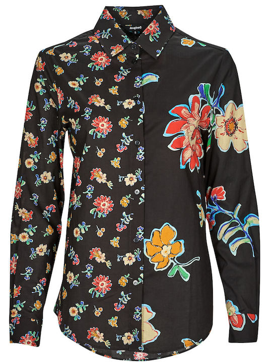 Langärmelig Damen Hemd Schwarz Blumen