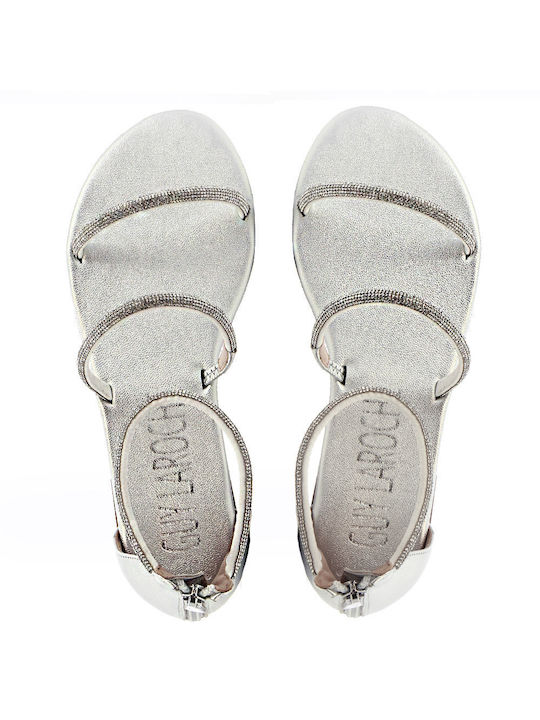 Guy Laroche Leather Women's Flat Sandals with Strap in Silver Color