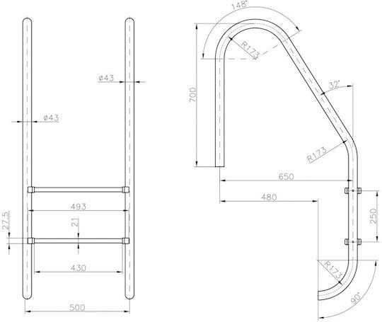 Aqua Line Standard Σκάλα Πισίνας από Ανοξείδωτο Ατσάλι Ασημί