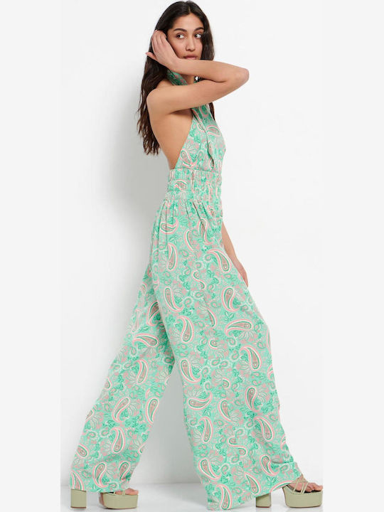 FBL007-11302 Women's High-waisted Fabric Trousers with Elastic in Wide Line Green Fig