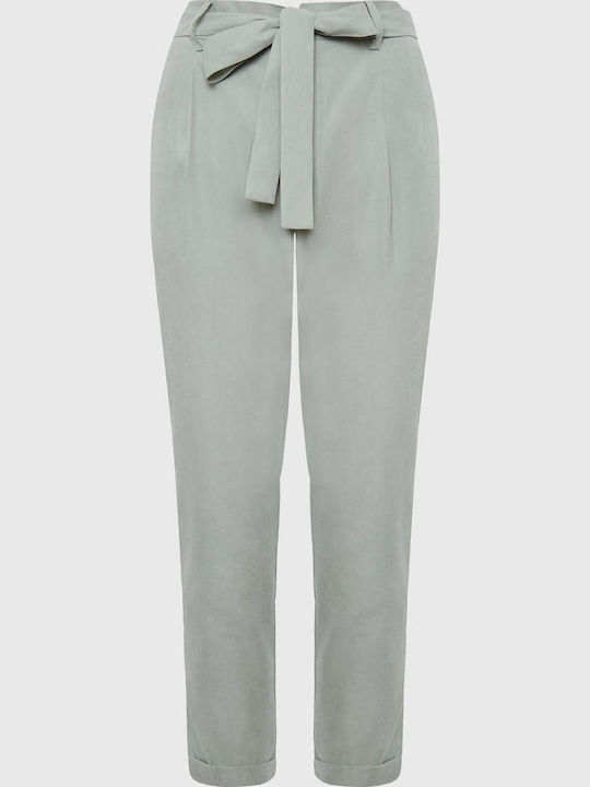FBL007-10502 Women's High-waisted Fabric Capri Trousers with Elastic Regular Fit Light Green