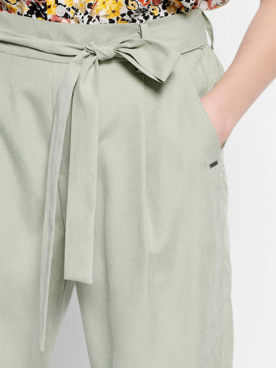 FBL007-10502 Women's High-waisted Fabric Capri Trousers with Elastic Regular Fit Light Green