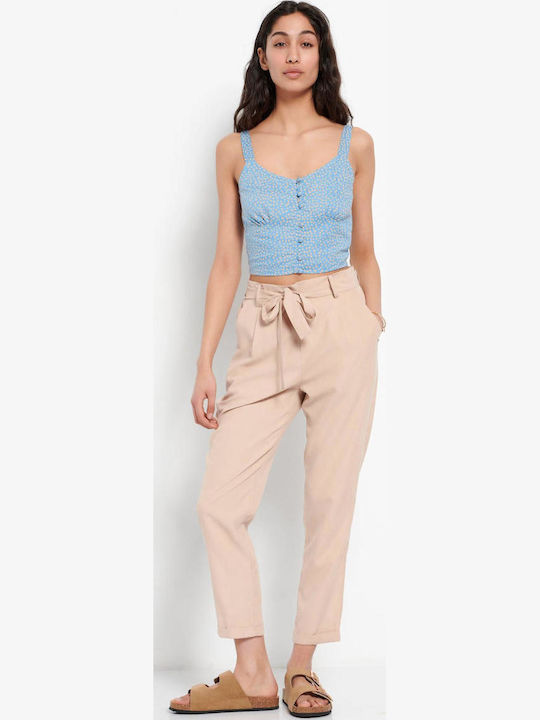 FBL007-10502 Women's High-waisted Fabric Capri Trousers Oat Milk