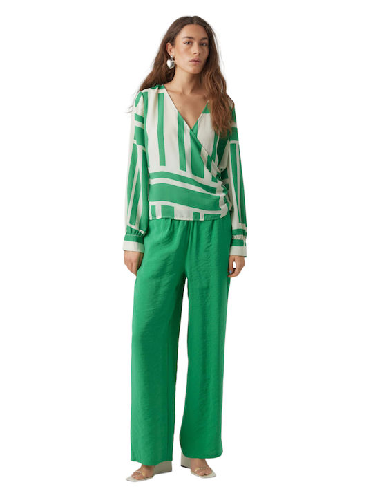 Women's Summer Blouse Long Sleeve with V Neckline Striped Green