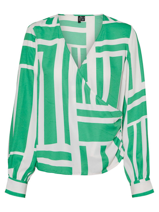 Women's Summer Blouse Long Sleeve with V Neckline Striped Green