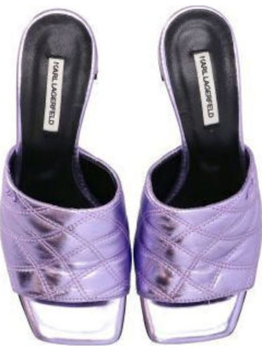 Δερμάτινα Mules με Χοντρό Χαμηλό Τακούνι Metallic Lila Textured
