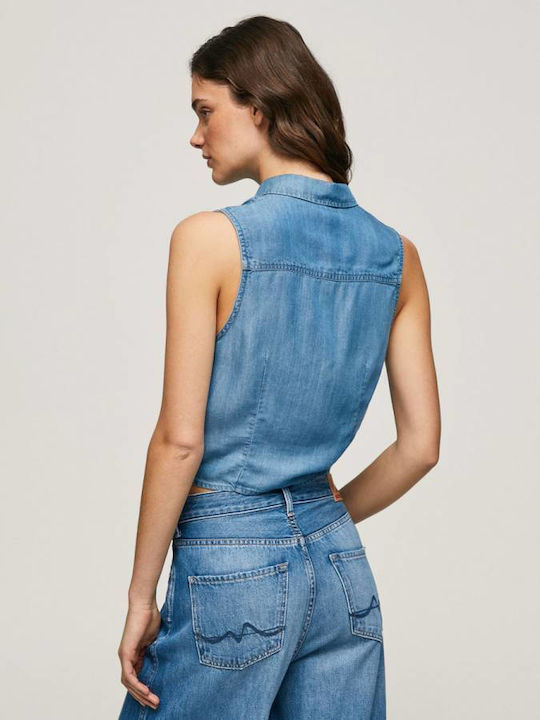 Winova Women's Denim Monochrome Sleeveless Shirt Blue
