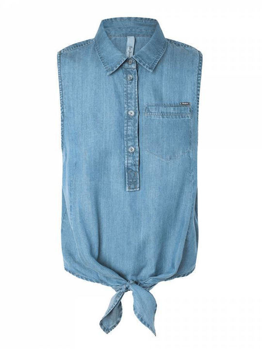 Winova Women's Denim Monochrome Sleeveless Shirt Blue