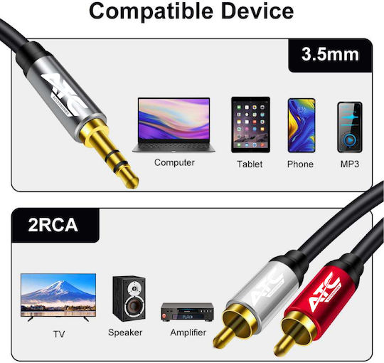 ATC Καλώδιο Ήχου 3.5mm male - 2x RCA male Μαύρο 1.5m με Επίχρυσους Ακροδέκτες 02.008.0127
