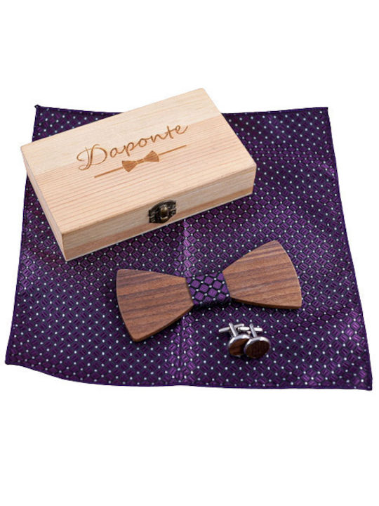 Daponte Handmade Set Papion din lemn cu butoni si batista Violet