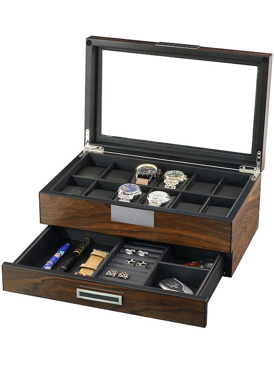 Rothenschild Wooden Case with transparent lid for 12 watches with drawer in Brown color RS-2382-W