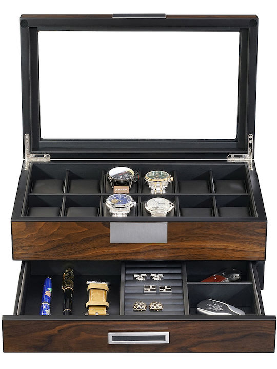 Rothenschild Wooden Case with transparent lid for 12 watches with drawer in Brown color RS-2382-W