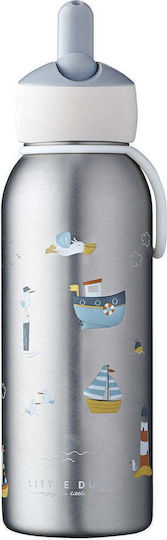 Little Dutch Flip-Up Campus Sailors Bay Kids Water Bottle Thermos Butterfly Stainless Steel with Pop-Up Cap Silver 350ml