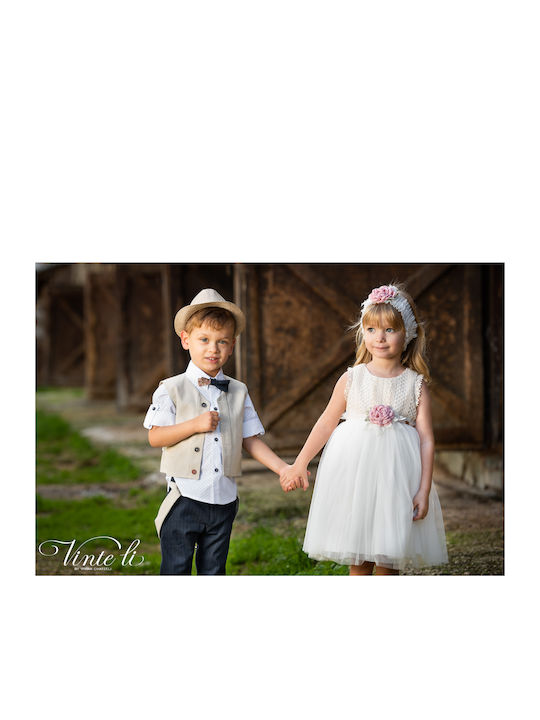 Vinte li Beige Baptism Clothing Set with Hair Accessories & Dress made of Tulle 2pcs