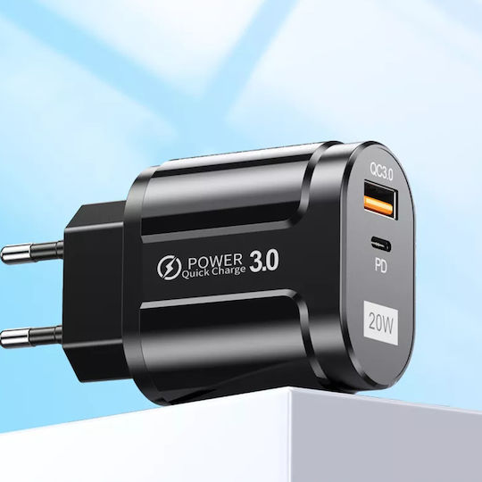 Techsuit Charger Without Cable with USB-A Port and USB-C Port 20W Quick Charge 3.0 Blacks (CHPD038)