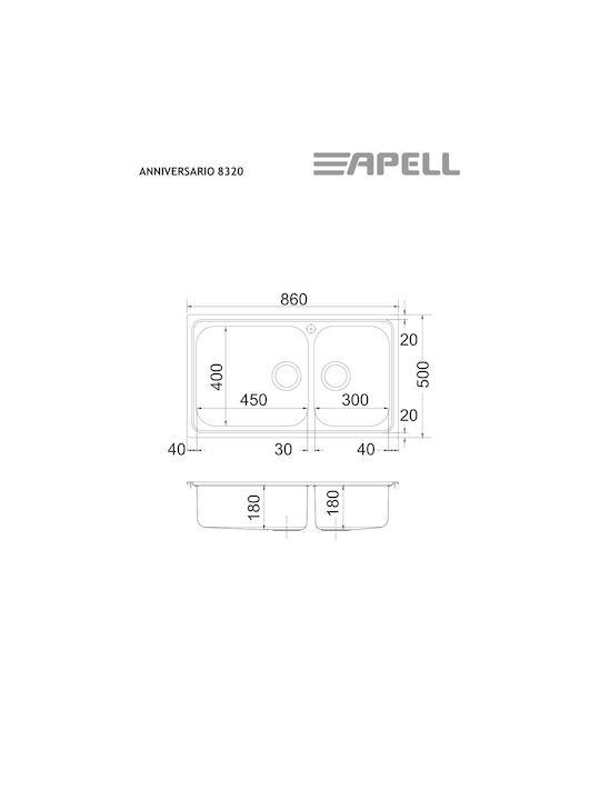 Apell Anniversario 8320 Ένθετος Νεροχύτης Αριστερός Inox Σατινέ Μ86xΠ50cm Ασημί
