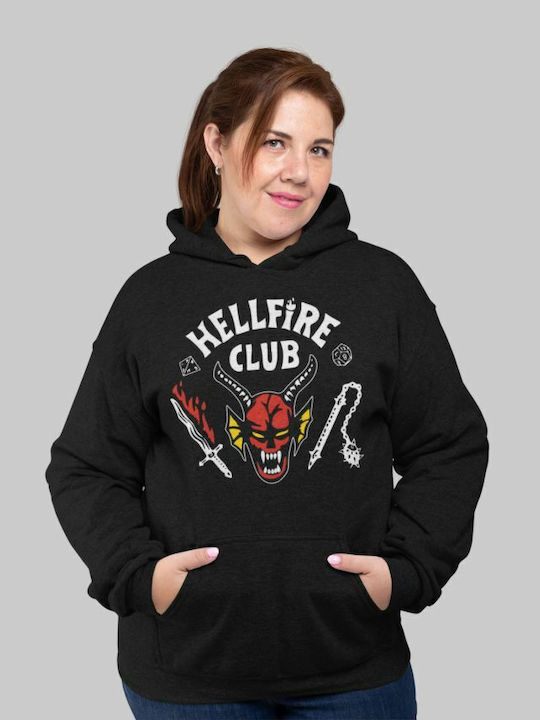 TKT Stranger Things Γυναικείο Φούτερ με Κουκούλα Hellfire Club Μαύρο