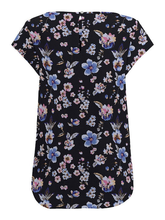 Only Damen Sommer Bluse Kurzärmelig Blumen Marineblau