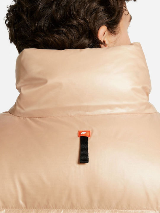 Sportswear Κοντό Γυναικείο Puffer Μπουφάν Αδιάβροχο για Χειμώνα Μπεζ