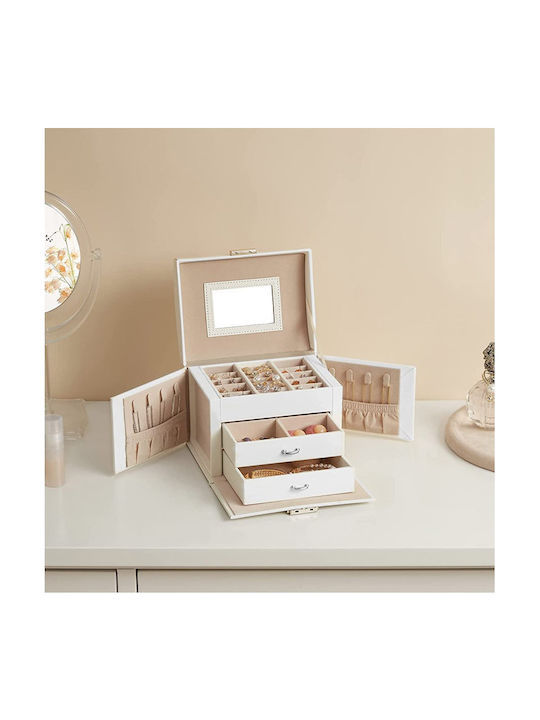 Songmics Velvet Jewellery Box with Drawer & Mirror White 13.8x17.7x13.5cm