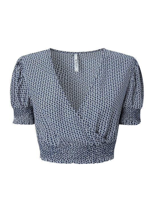 Ady Women's Summer Crop Top Short Sleeve with V Neckline Navy Blue