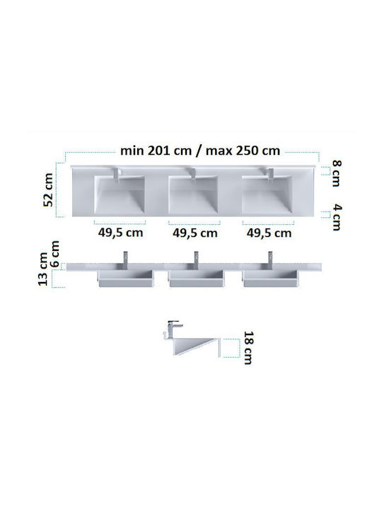 Sanitec Matrix Triple Wall Mounted Wall-mounted / Inset Sink Porcelain 250x52x6cm Gray