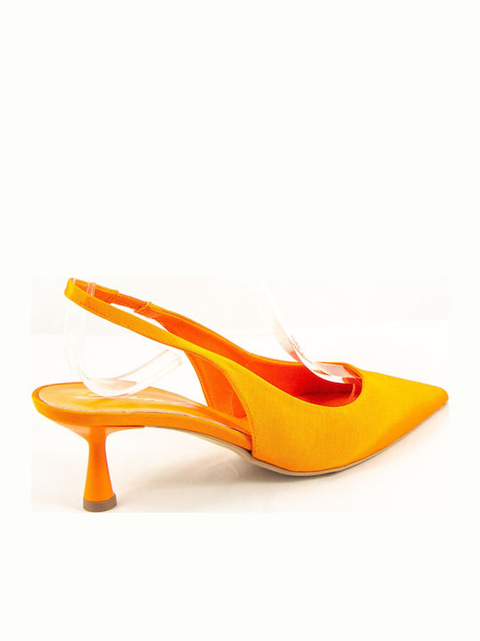 Leather Pointed Toe Orange Medium Heels with Strap