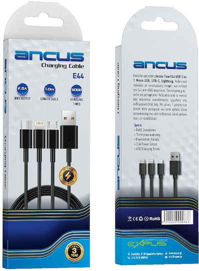 Ancus Flow E44 Regular USB to Lightning / Type-C / micro USB Cable 3A Μαύρο 1m