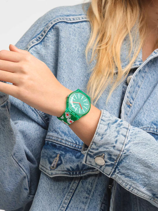 Swatch Meadow Flowers Damen Uhr mit Grün Kautschukarmband