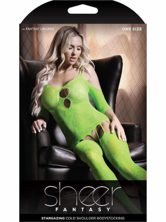 Fantasy Lingerie Stargazing Cold Shoulder Suspender Catsuit Ολόσωμο Καλσόν Διχτυωτό με Ανοιχτό Καβάλο Neon Green