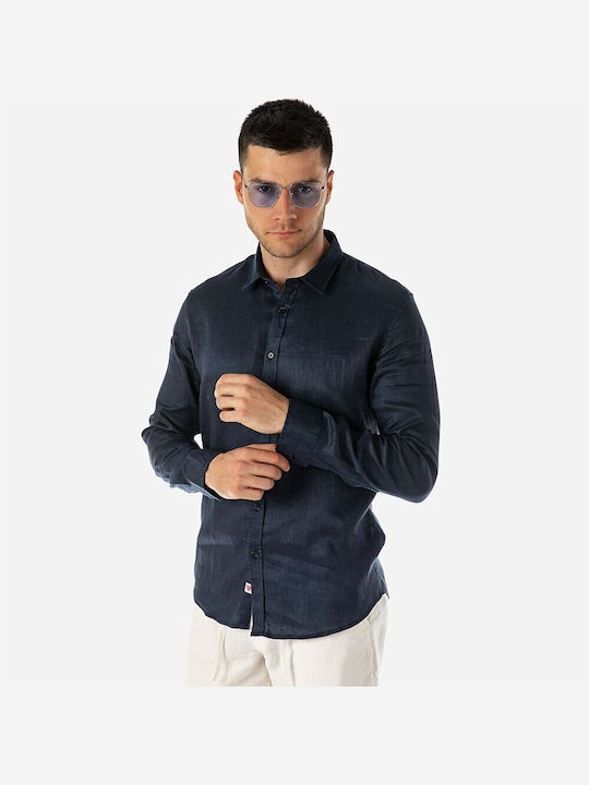 Brokers Jeans Men's Shirt Long Sleeve Linen Navy Blue