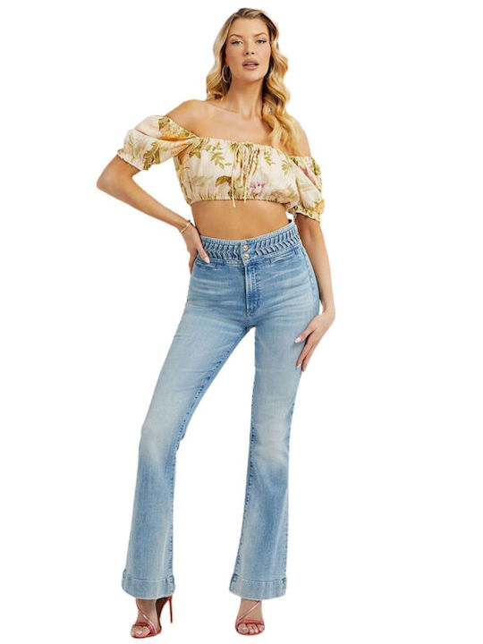 Γυναικείο Καλοκαιρινό Crop Top Off-Shoulder Λινό Κοντομάνικο Floral Μπεζ
