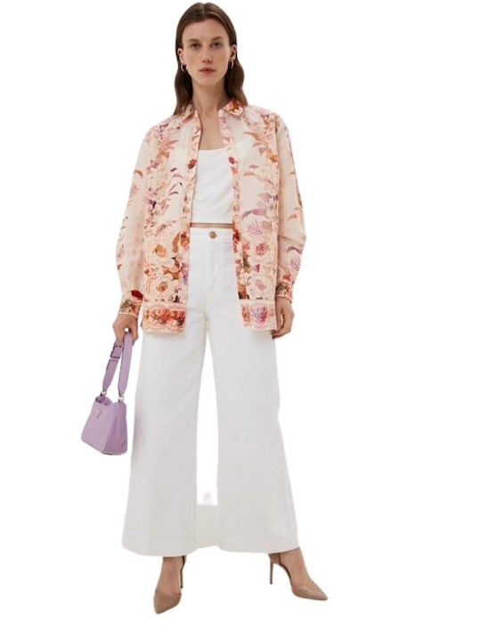 Long Sleeve Women's Linen Beige Floral Shirt