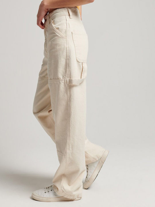 Vintage Wide Carpenter Women's Fabric Trousers Wide Line Beige