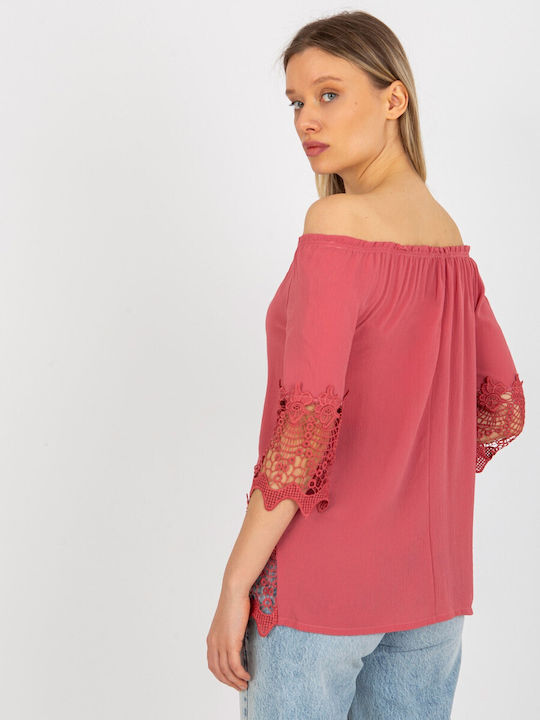 Lakerta Damen Sommer Bluse Baumwolle Schulterfrei mit 3/4 Ärmel Rot