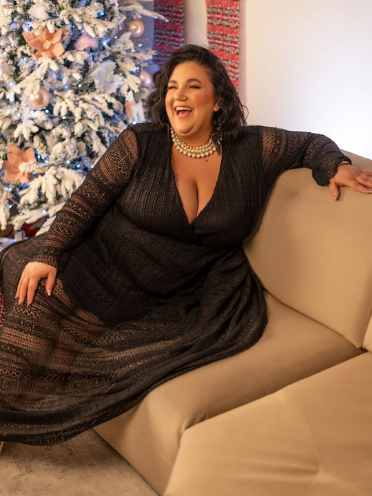 Plus Size Maxi Φόρεμα για Γάμο / Βάπτιση Κρουαζέ Μαύρο