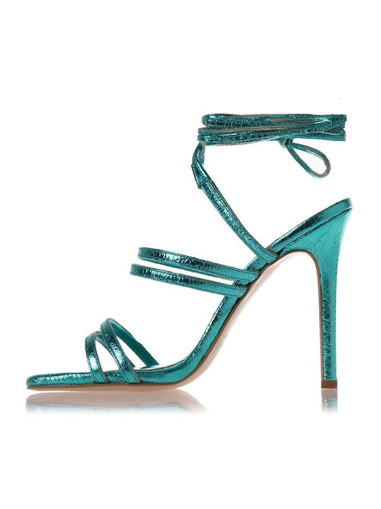 Sante Leather Women's Sandals with Laces Turquoise with Thin High Heel 23-253-04