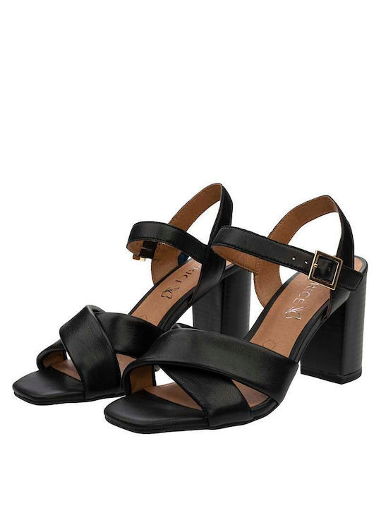 Caprice Leather Women's Sandals with Chunky High Heel In Black Colour