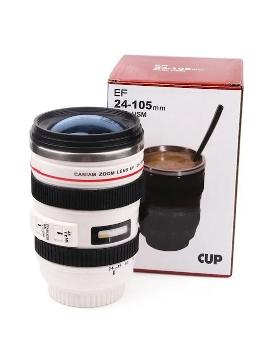 Camera Lens Cană Metalic cu Capac Albă 400ml 1buc