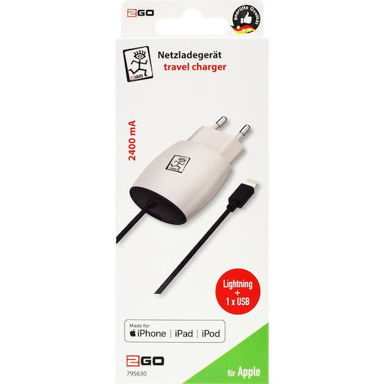 2GO Φορτιστής με Ενσωματωμένο Καλώδιο Lightning 12W Λευκός (795630)