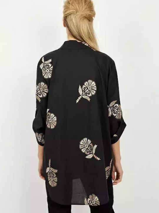 Desiree Summer Cotton Tunic Long Sleeve with V Neck Black