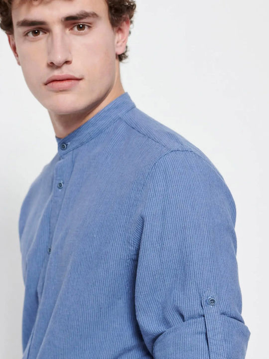 FBM007-07605 Long-sleeved Linen Shirt Striped Indigo Blue