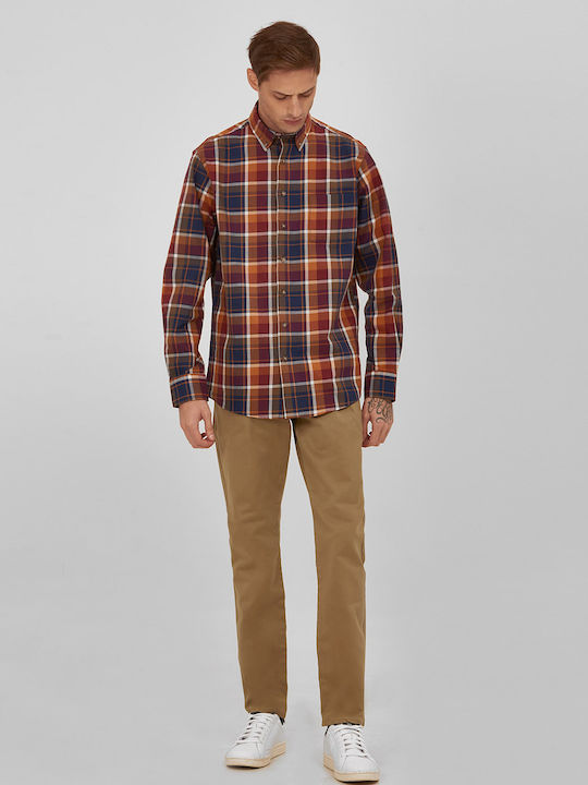 Button Down Modern Fit Checked Brick Red Shirt with Chest Pocket and Cotton Fabric