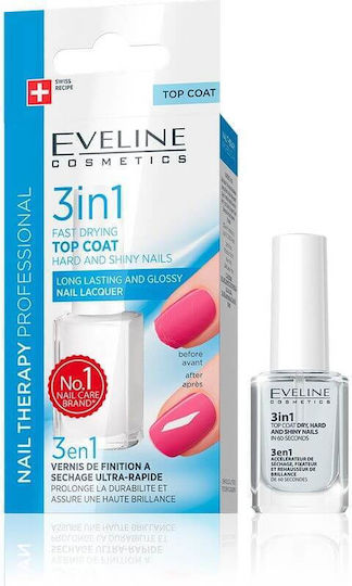 Eveline 3 in 1 Nail Hardener with Brush Fast Drying Top Coat 12ml