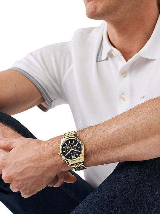Michael Kors Lexington Men's Watch 45mm Chronograph Battery with Gold Metal Bracelet