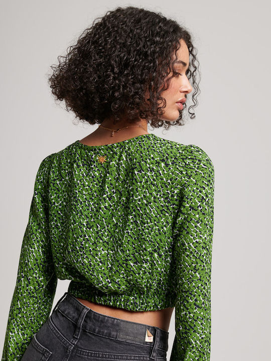 Superdry pentru Femei de Vară Crop Top cu Mâneci Lungi Verde