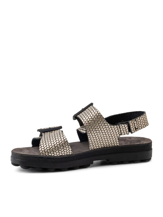 Leather Women's Flat Sandals with Strap in Gold Color