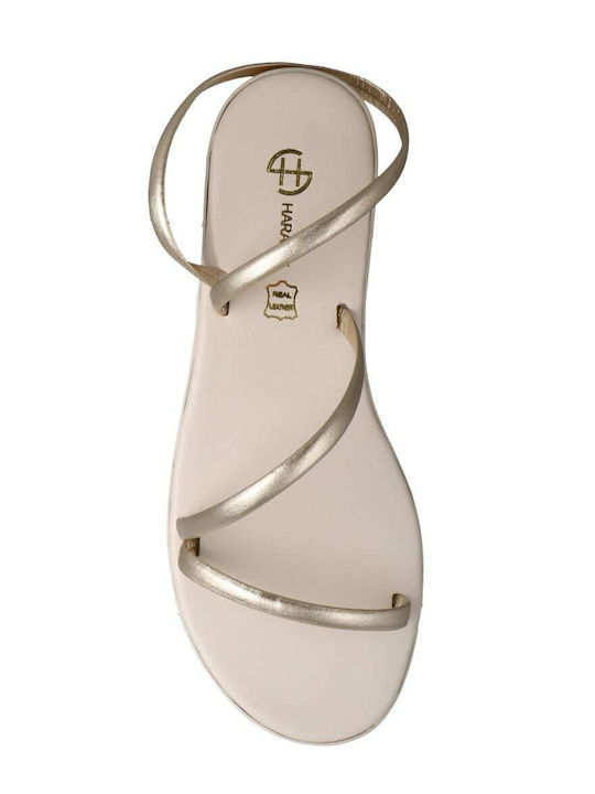 Leather Women's Flat Sandals in Gold Color